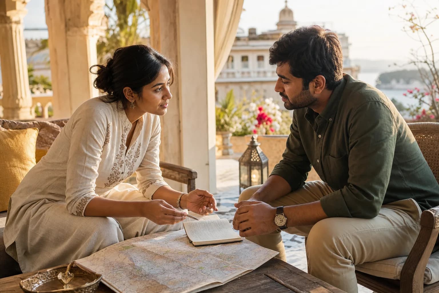 A journey planner listening to a traveller while they review a map together