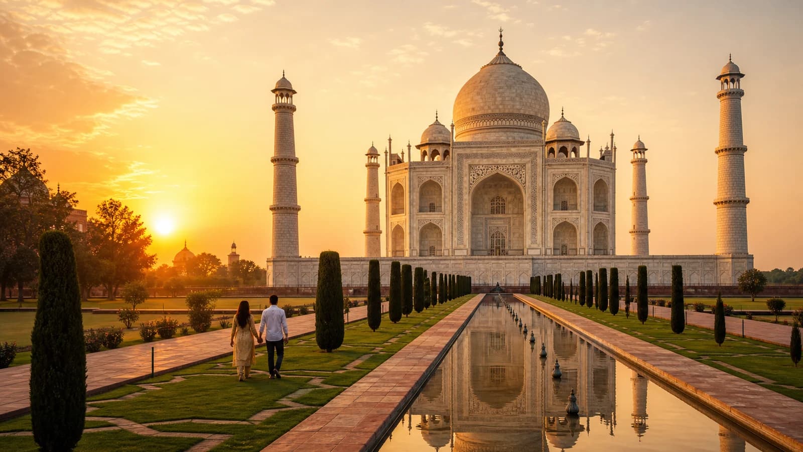 The Taj Mahal and its reflection gardens in warm Agra light
