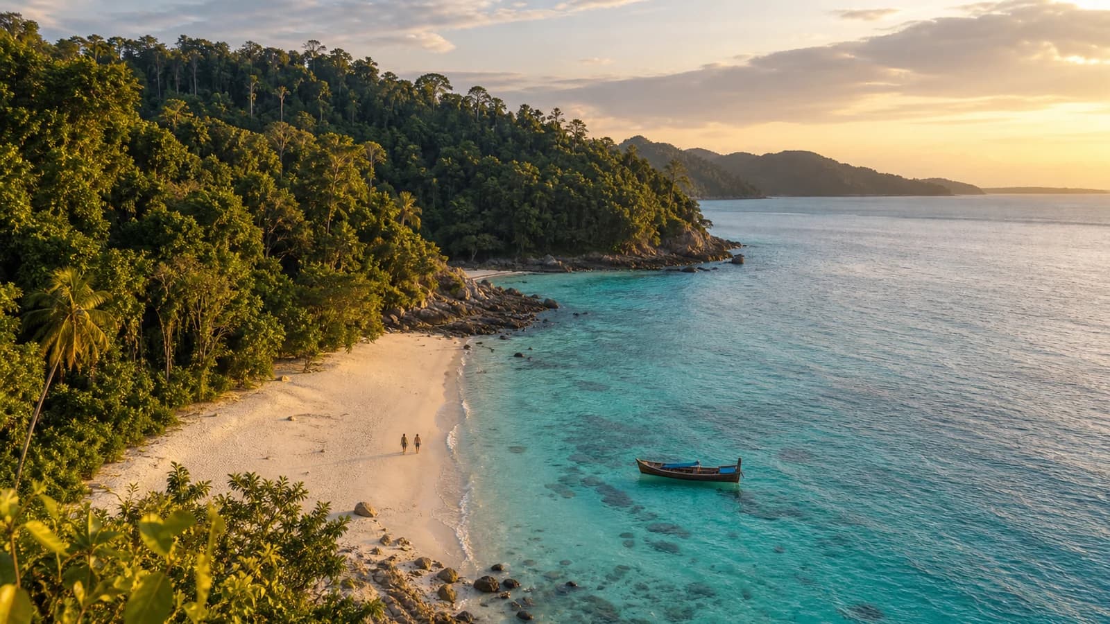 An Andaman island coastline and palm-lined shore — representing Padma Priya Govindaraju's journey