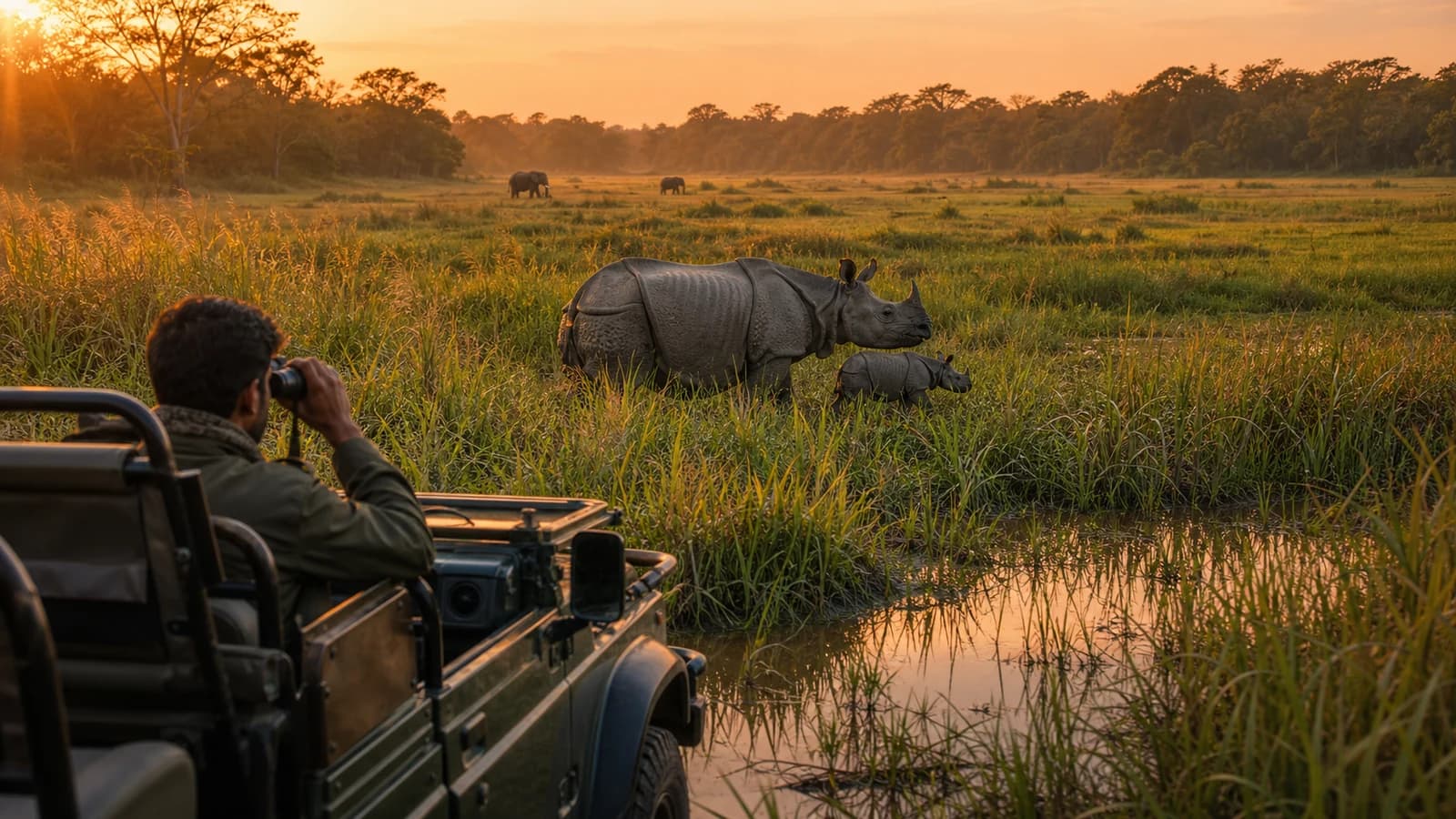A one-horned rhinoceros in the Kaziranga grasslands of Assam