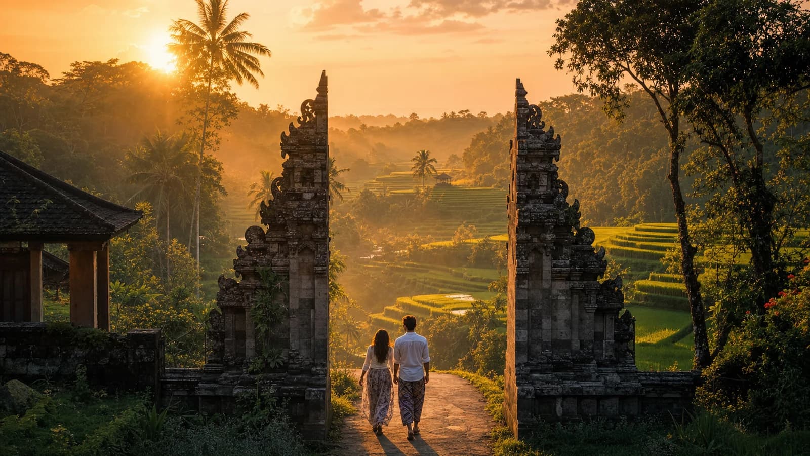 A Balinese temple gate and rice terraces in warm tropical light — representing Srividhya Subramanian's journey