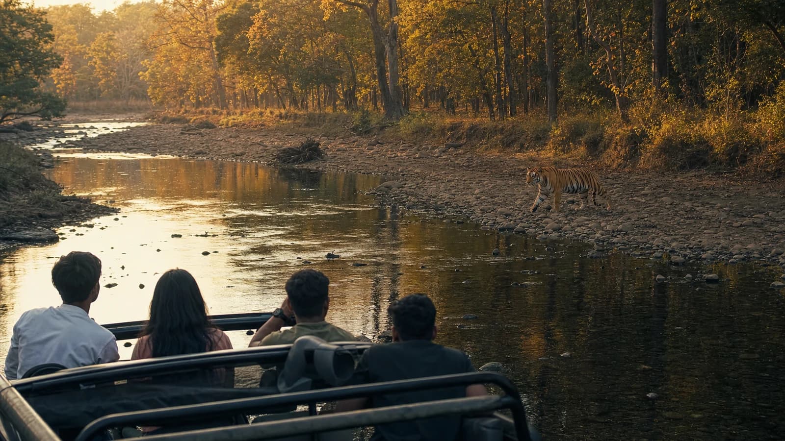 A tiger in the forest and river landscape of Corbett