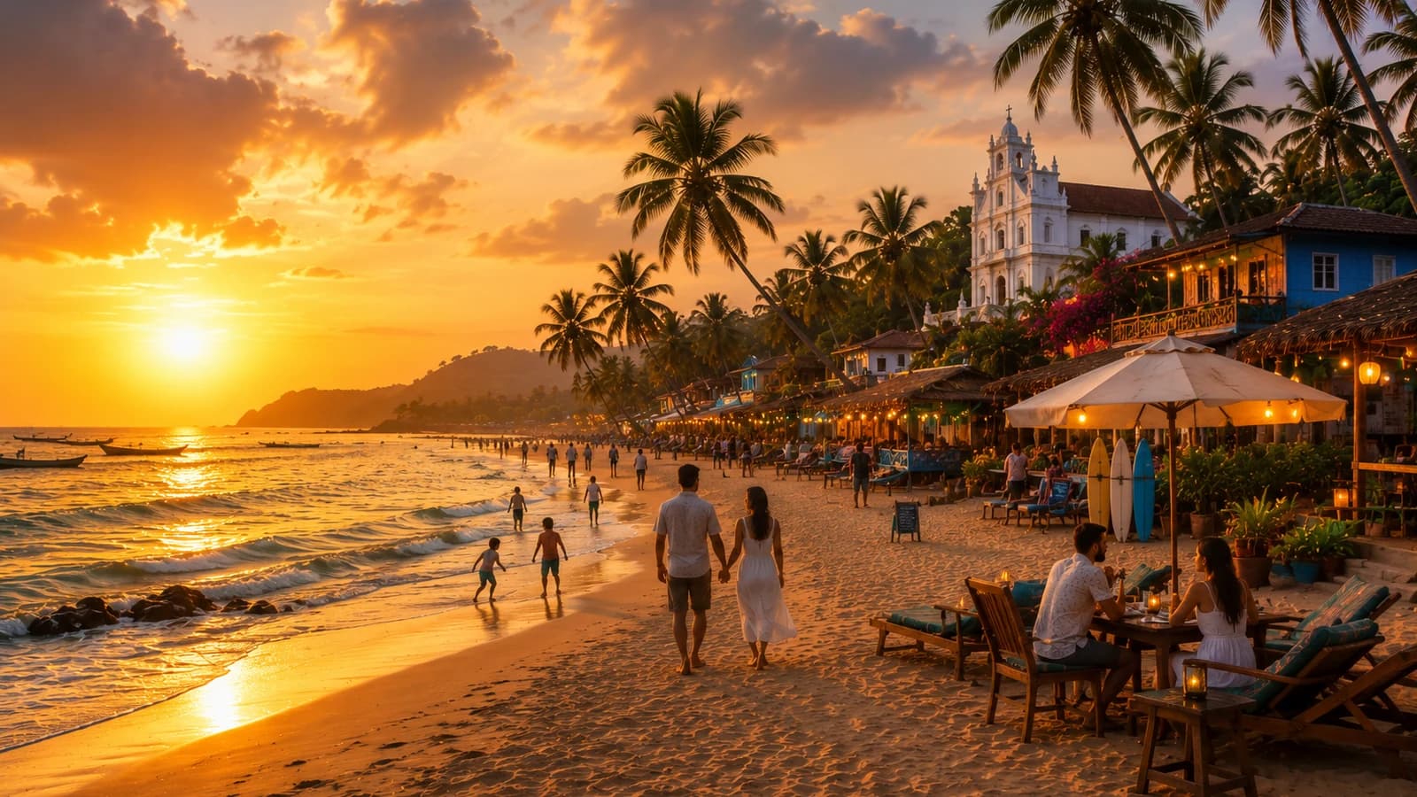 A Goan coast and Portuguese church setting in warm evening light