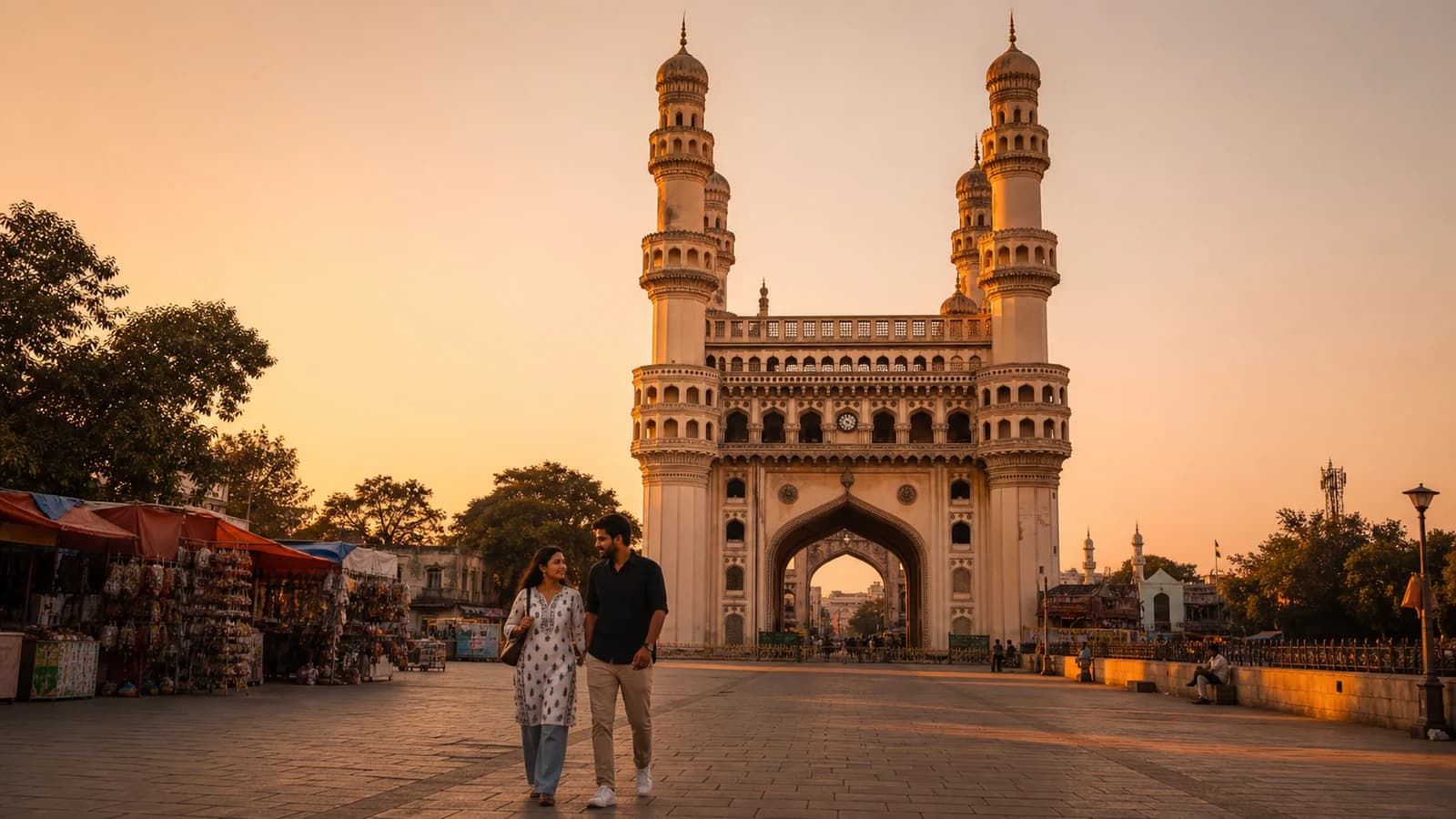 Charminar and its historic Hyderabad bazaar in golden light