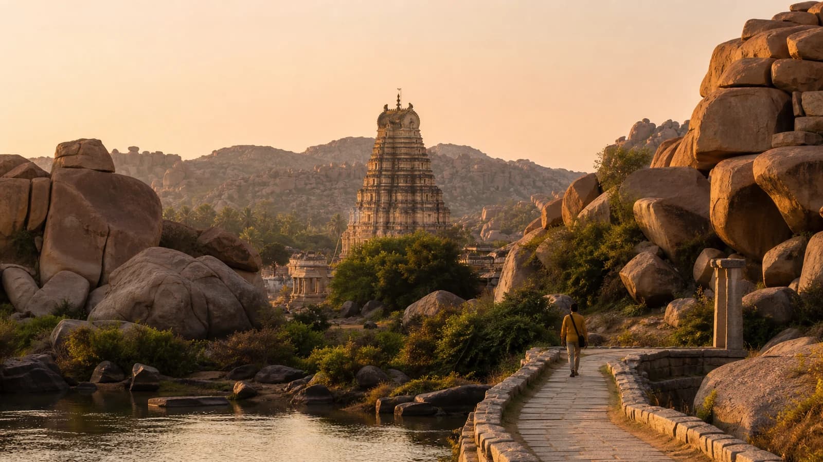 Hampi temple architecture, boulders, and river landscape in Karnataka
