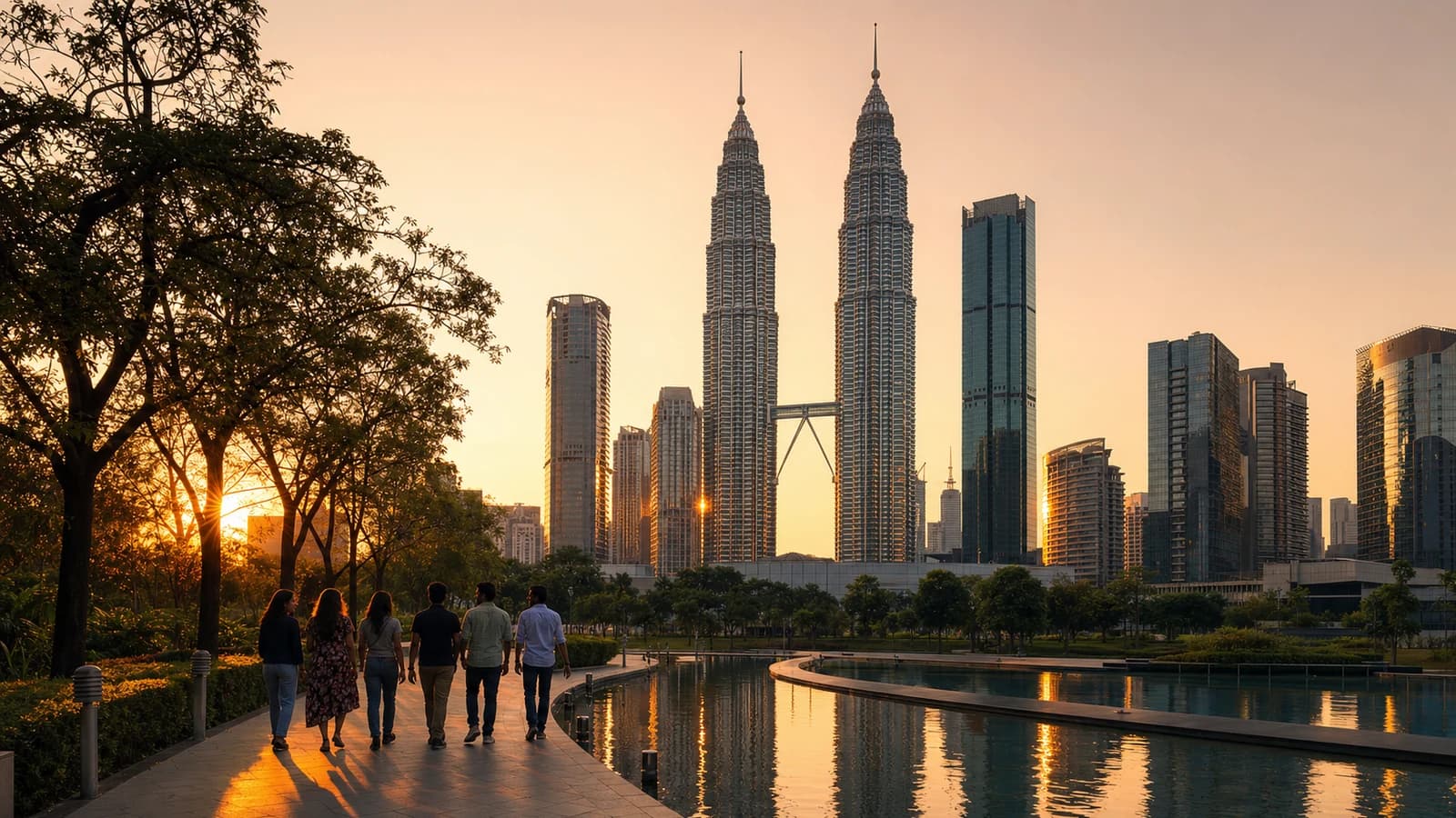The Petronas Twin Towers rising above Kuala Lumpur park