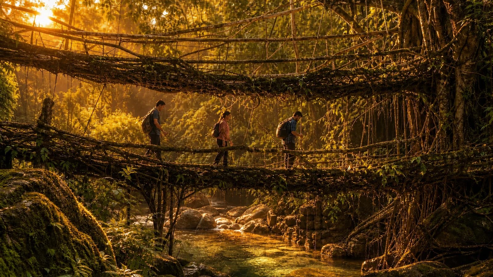 The Double-Decker Living Root Bridge in Meghalaya rainforest — representing Ashika Hema's journey
