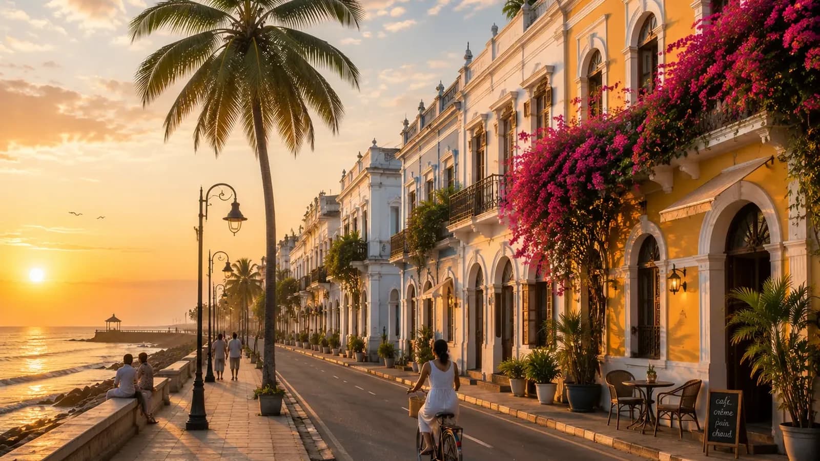 White Town facades and the Rock Beach promenade in Pondicherry