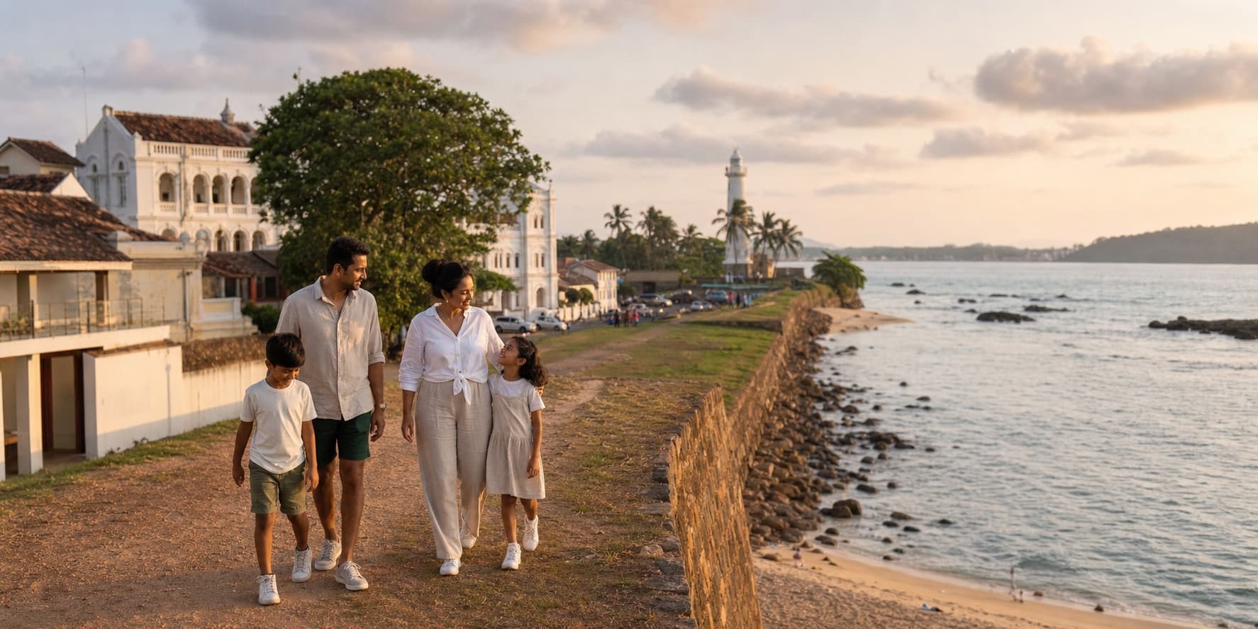 Galle Fort's ramparts over the Sri Lankan coast at golden hour — representing Praveen Kumar's journey