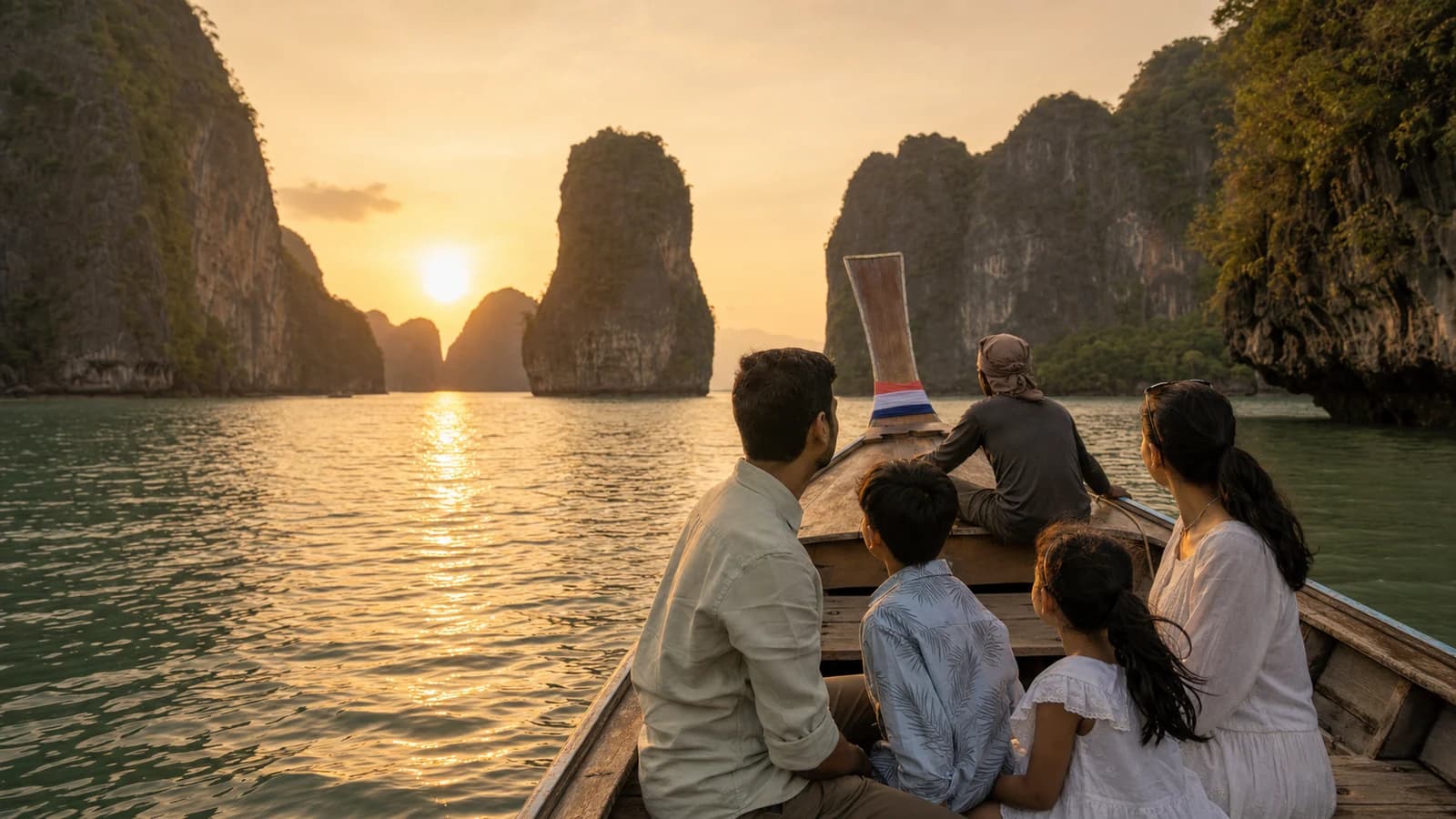 A longtail boat among the limestone karsts of Phang Nga Bay, Thailand