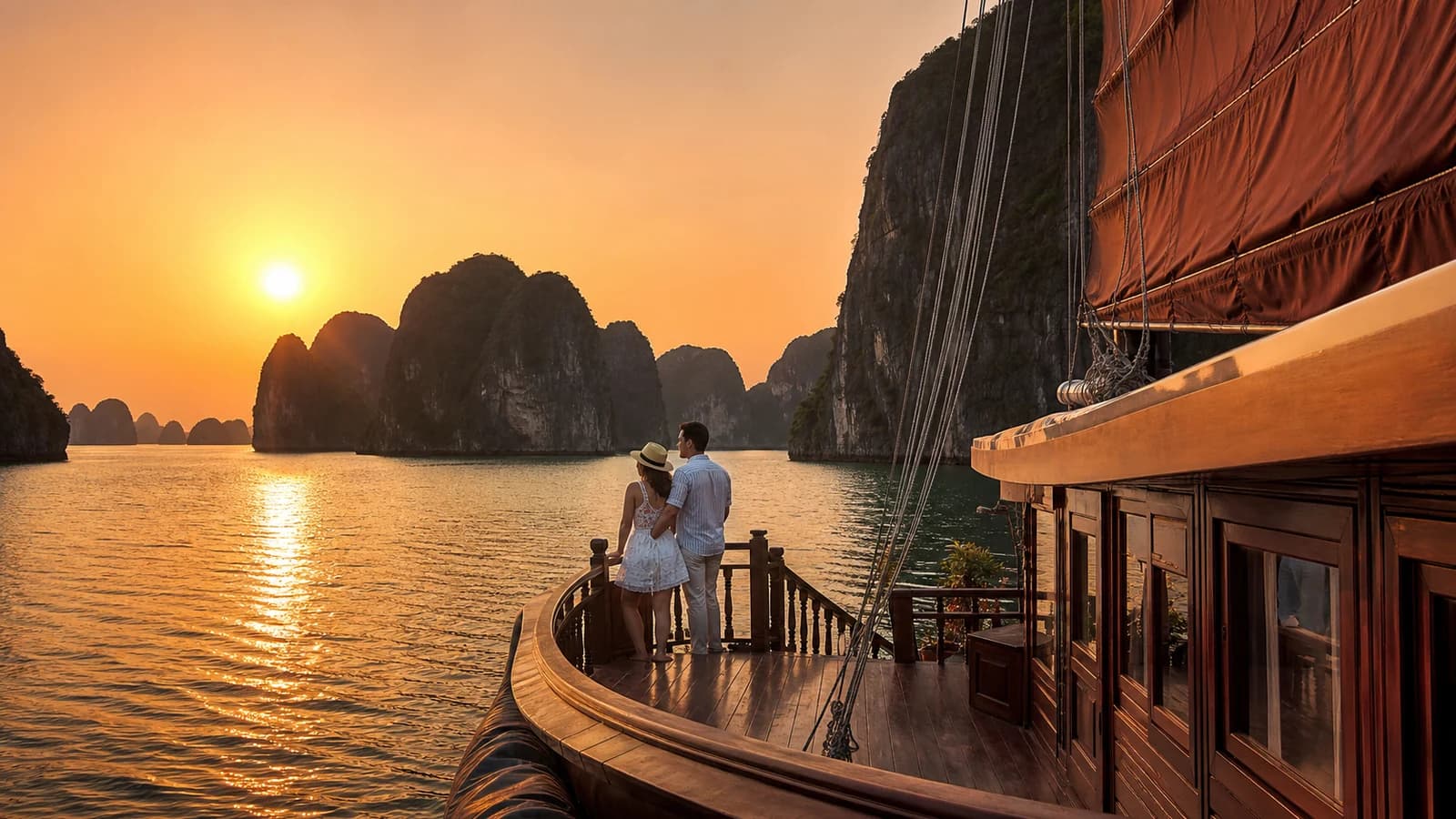 A wooden junk boat among the limestone karsts of Ha Long Bay, Vietnam