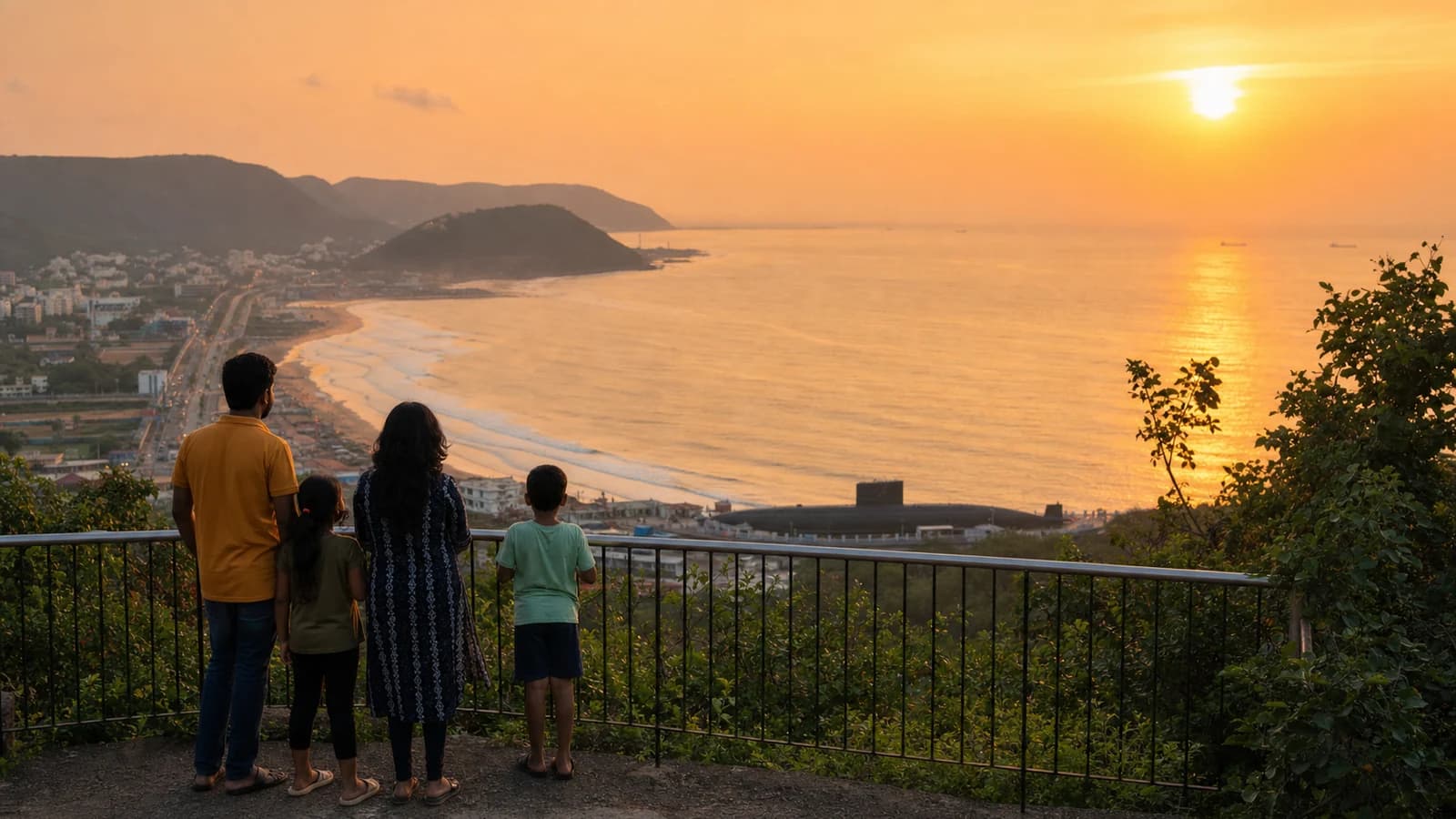 The Visakhapatnam coast, beach, and Eastern Ghats at golden hour