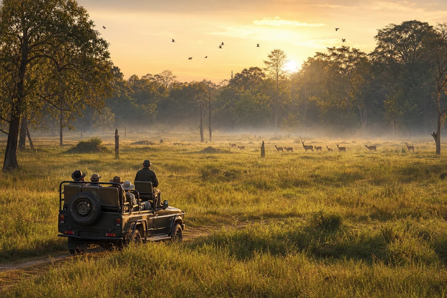 A safari jeep observing deer and birdlife across a broad forest-edge ecosystem at sunrise