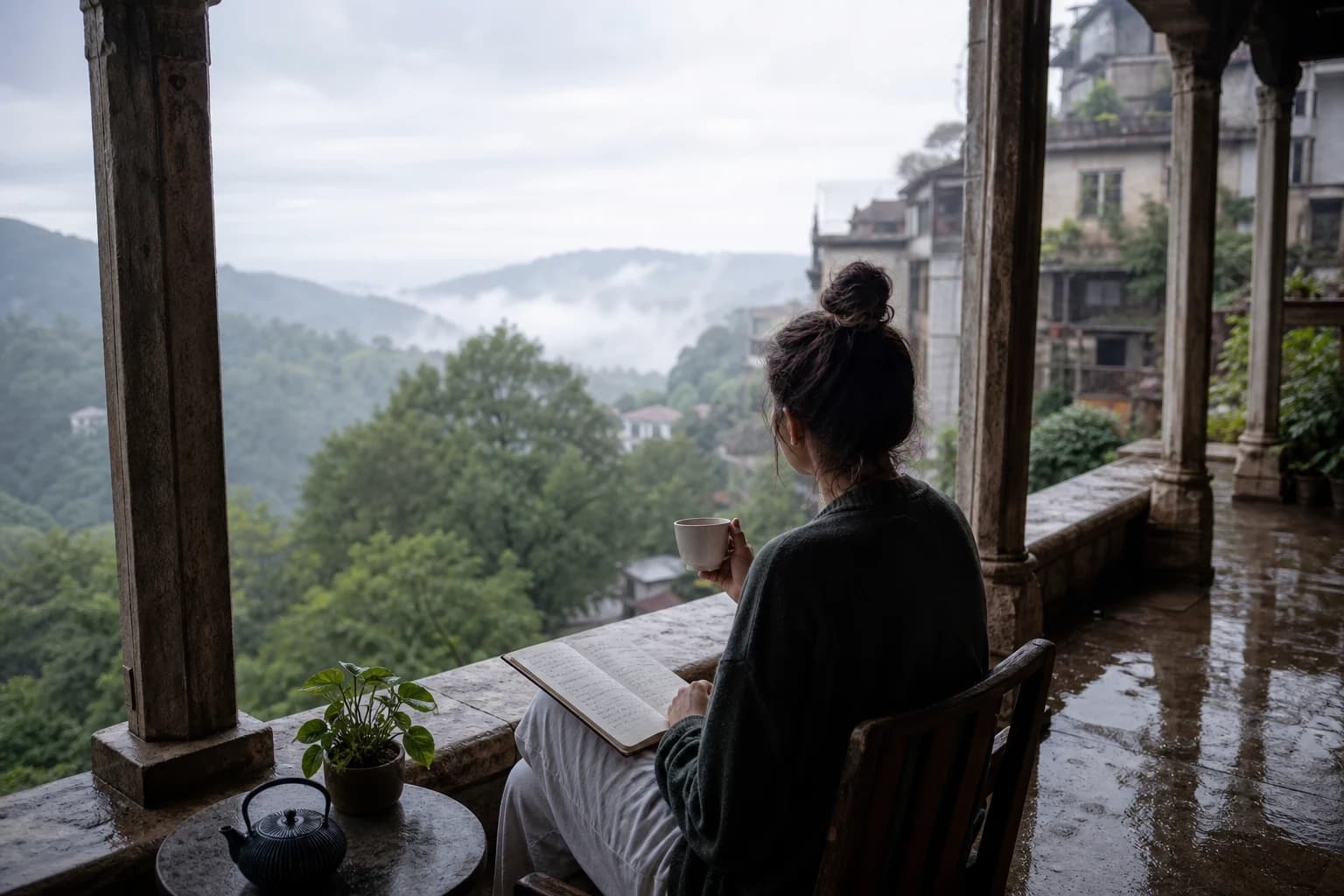 A traveller journalling on a quiet hill-town veranda in the morning mist